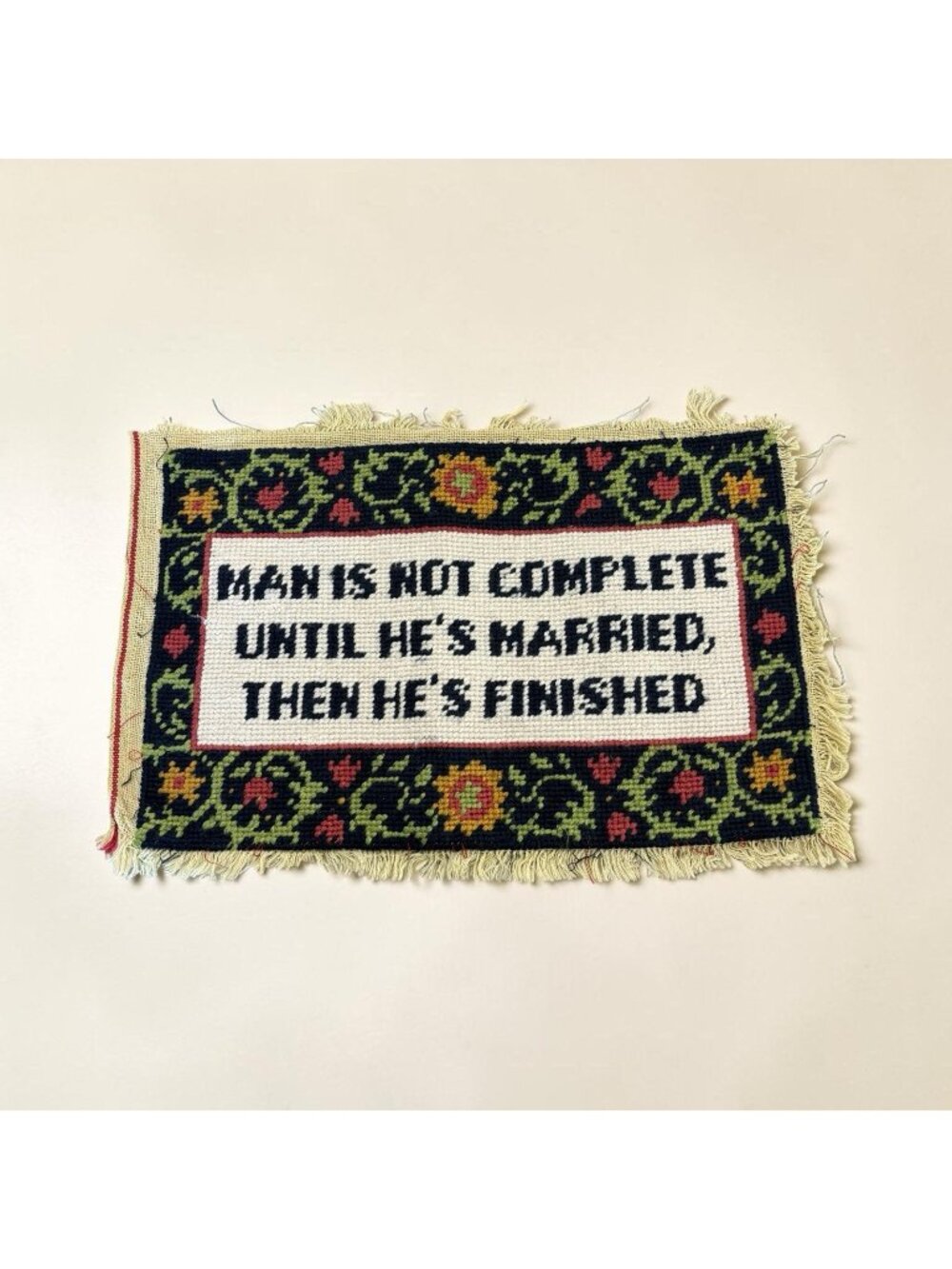 Vintage Needlepoint “Man Married” Finished For Pillow Craft Handmade Funny